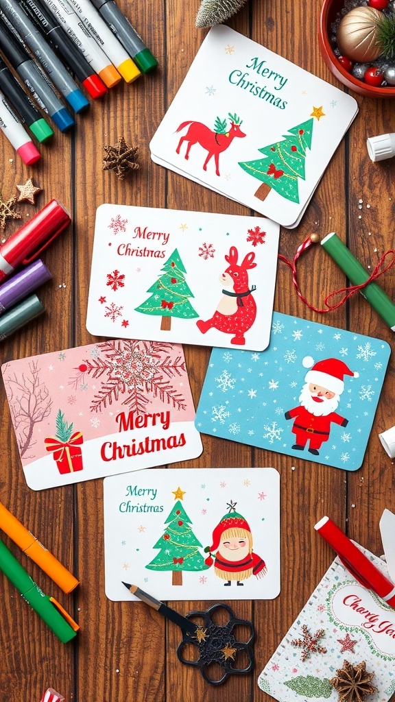 A variety of colorful Christmas postcards with festive designs on a wooden table.